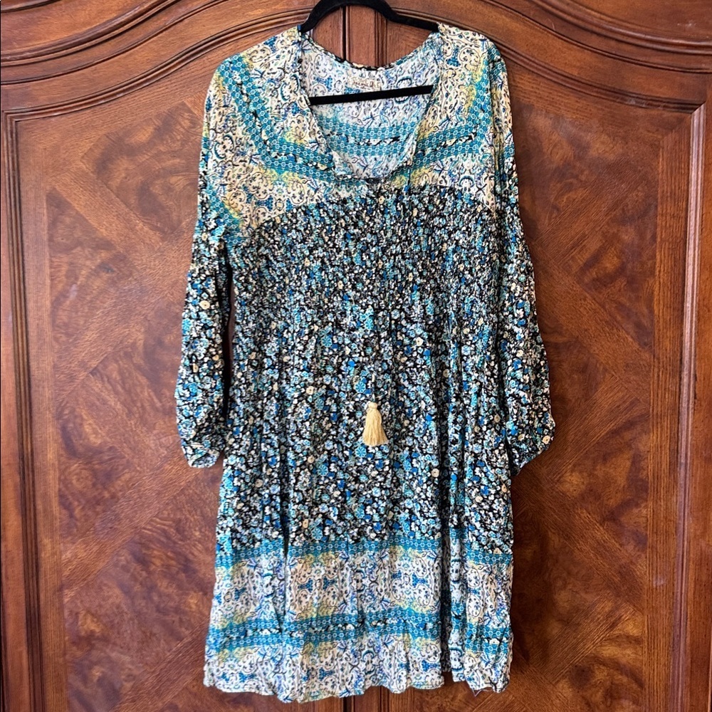 Oneworld Cotton Blue and Cream Patterned Smocked Dress size XL